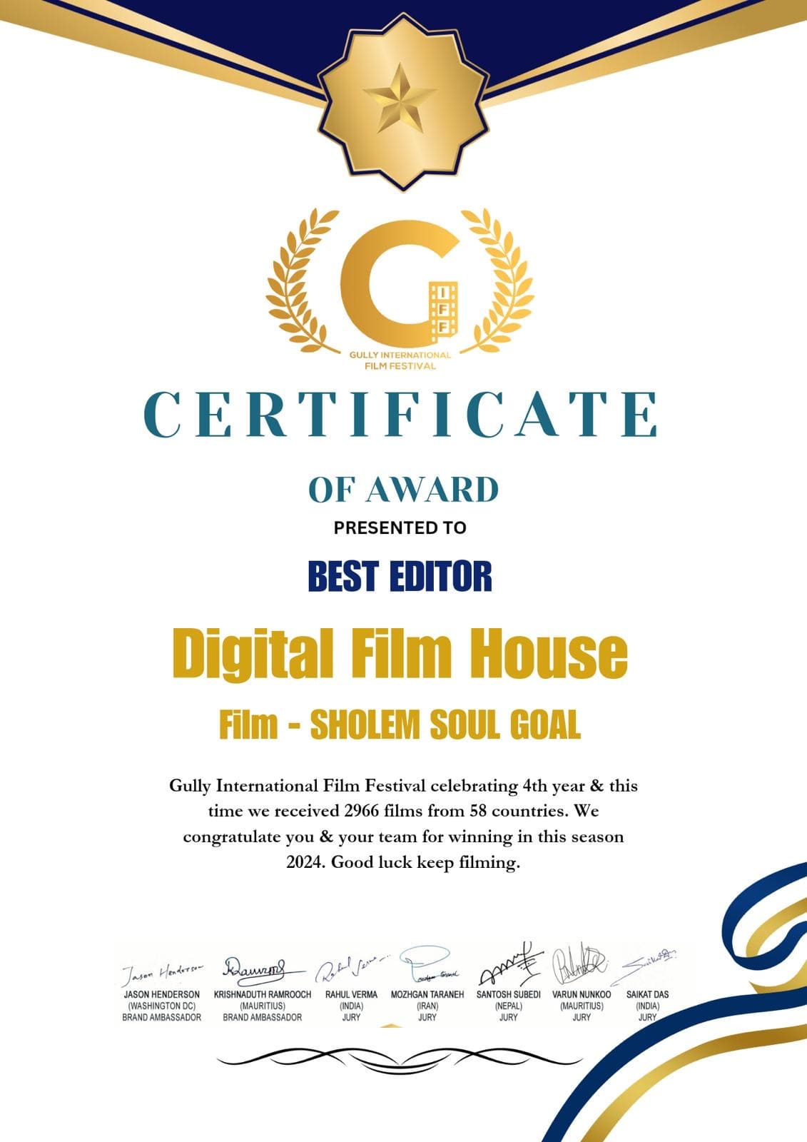 Certificado Best Editor, Gully International Film Festival